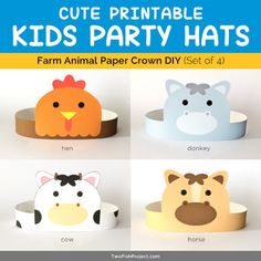 cute printable kids'party hats with farm animal paper crown diy set of 4