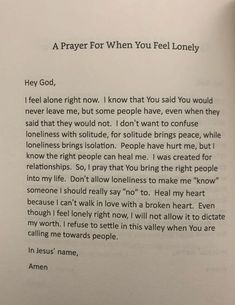 A Prayer For When You Feel Lonely. Prayer For Loneliness, Guidance Prayer, Godly Things, Prayers Of Encouragement, Healing Prayer, Prayer Station, Comforting Bible Verses, Prayer Wall