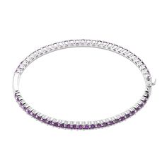 Vibrant round amethysts adorn this sophisticated bangle fashioned in classic sterling silver. The bracelet measures 7.25 inches and secures with a box clasp. Classic Silver Bangle With Channel Set, Classic Silver Channel Set Bangle, Elegant Amethyst Jewelry With Sterling Silver Clasp, Classic Amethyst Bracelets, Bangle With Sterling Silver Clasp, Classic Amethyst Bracelets In Purple, Purple Gemstone Round Tennis Bracelet, Classic Amethyst Purple Bracelets, Elegant Purple Sterling Silver Bracelet