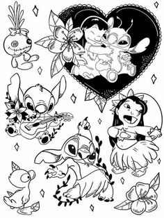 an image of cartoon animals with hearts and flowers in black and white coloring book pages