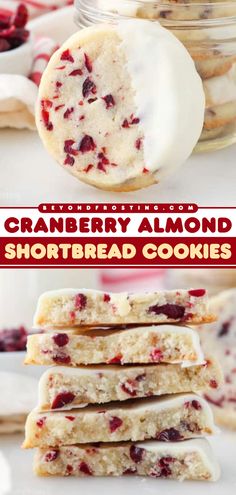 Here's an almond shortbread recipe for your holiday baking ideas! 6 ingredients are all you need for these easy Christmas cookies. Dipped in white chocolate, these Cranberry Almond Shortbread Cookies are amazing! Cranberry Almond Shortbread, Christmas Almond Cookies Recipes, Rosemary Cranberry Shortbread Cookies, Oatmeal Holiday Cookies, Flavoured Shortbread Cookies, Christmas Cookie Shortbread, Cranberry Cookies Recipes Holidays, Dried Cranberry Shortbread Cookies, Cranberry White Chocolate Shortbread Cookies