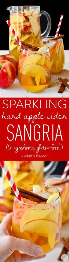 sparkling apple cider sangria with cinnamon sticks and apples