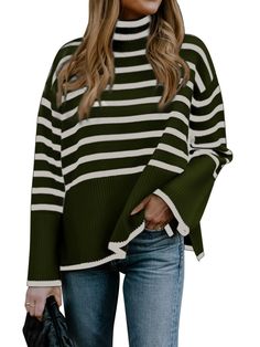 PRICES MAY VARY. 50% Viscose/28% Polyamide/22% Polyester Imported Pull On closure Machine Wash Women's Long Sleeve Striped Sweater Sweater Turtleneck, Flare Long Sleeve, Striped Turtleneck, Long Sleeve Pullover Sweater, Oversized Pullover, Long Sleeve Turtleneck, Cute Sweaters, Fall Sweaters, Printed Sweater