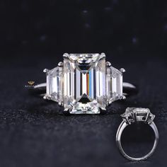 an emerald cut diamond and three stone engagement ring