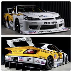 two pictures of the same race car in different stages of being painted white and yellow