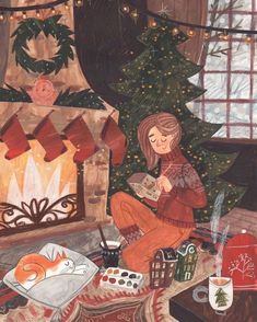 a painting of a woman sitting in front of a christmas tree with stockings on it