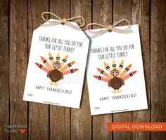 two tags with thanksgiving turkeys on them