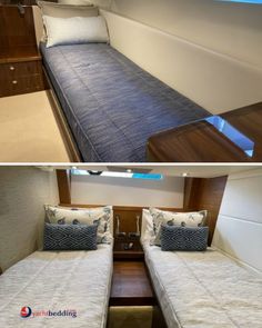 two pictures of the inside and outside of a boat, one with twin beds on each side