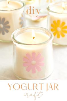 three candles with the words diy yogurt jar crafts on top and below