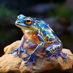 a blue and yellow frog sitting on top of a rock