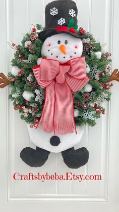 a snowman wreath hanging on the front door