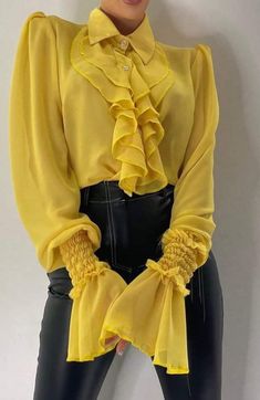 Fashion shirt with playful design Trendy Chiffon Tops For Work, Yellow Casual Party Blouse, Casual Yellow Party Blouse, Trendy Ruffled Collar Tops For Party, Yellow Long Sleeve Party Tops, Spring Party Shirt With Ruffles, Trendy Long Sleeve Chiffon Top, Long Sleeve Ruffled Top For Office, Long Sleeve Ruffle Top For Office