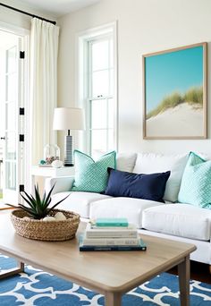 Coastal Style Decorating ideas, Coastal Style Decorating Simple Side Table, Beachy Living Room, Simple Side Tables, White Couch, White Couches, Beachy Decor, Coastal Living Room