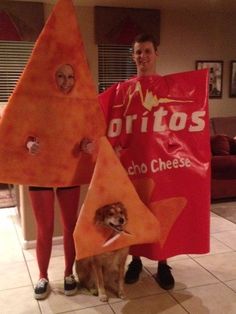 two men and a dog are dressed up as cheetos with cheese on them