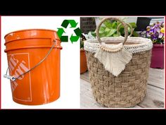 an orange bucket with a tassel hanging from it next to a photo of a woven basket