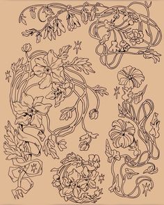 some flowers and vines are drawn on a piece of paper