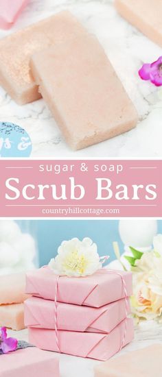 soap bars with flowers on the side and text overlay that reads sugar & soap scrub bars