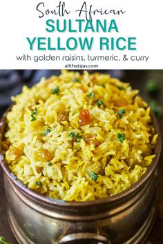 south african yellow rice with golden raisins, turmre and curry