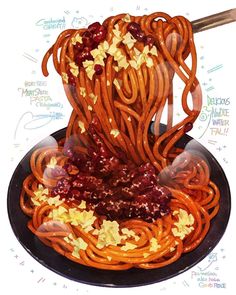 a drawing of noodles with cranberries and stars on them in a black plate