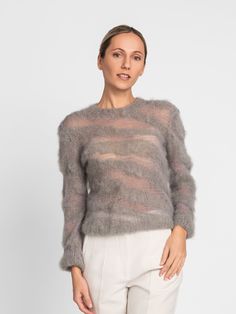 Elegant Mohair Crew Neck Sweater, Fine Knit Mohair Tops For Fall, Fall Knitted Mohair Tops, Winter Fine Knit Mohair Tops, Knitted Mohair Tops, Knitted Long Sleeve Mohair Top, Fine Knit Mohair Tops, Strick Top, Pull Mohair