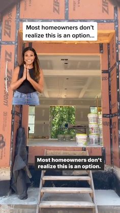 a woman standing on top of a step ladder in front of a building with the words most homeowners don't realize this is an option