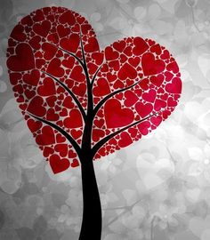 a red heart shaped tree with the words love written on it and an image of a book