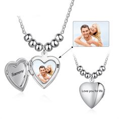 Customized Photo & Name Engraved Beaded Necklace is made up of stainless steel and is silver in color. It has chain along with a cordate shape locket which can be customized by engraving name outside the locket and a photo inside the locket. It has four silver color beads above the locket making it look even more beautiful. Features: Metals Type: Stainless steel Customized Type: Photo Necklace Type: Pendant Necklaces Gender: Women Material: Metal Compatibility: All Compatible Pendant Size: 22mm* Beautiful Features, Heart Photo, Photo Locket Necklace, Express Love, Photo Necklace, Photo Engraving, Color Beads, Photo Locket, Photo Heart