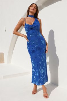 Length from shoulder to hem of size S: 139cm. Chest: 36cm, Waist: 31cm, across front only of size S. Maxi dress. Lined. Model is a standard XS and is wearing size XS. True to size. Stretch. Neck wrap. Velvet-like pattern. Print placement may vary. Elastic back. Zipper. Cold hand wash only. Polyester/Nylon/Spandex. Be seen and admired in the Mysterious Lover Maxi Dress. Featuring a gorgeous neck wrap and an elastic back. Style with heels and curls for all the attention. Stretch Neck, Blue Cocktails, Long Bodycon Dress, Neck Wrap, Mini Dresses Summer, Long Sleeve Bodycon Dress, Maxi Dress Blue, Corset Dress, Dress Blue