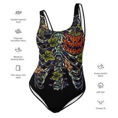 Dare to be different in this Halloween Inside One-Piece Swimsuit with a daring ribcage botanical design and playful Jack O Lantern heart. The quick-dry 4-way stretch material is form-fitting and comfortable. Perfect for any Halloween lover! DETAILS • 82% Polyester, 18% Spandex • Fabric weight: 6.78 oz/yd² (230 g/m²), weight may vary by 5% • Chlorine-resistant fabric • Cheeky fit with a scoop neckline and a low scoop back • Zig-zag stitching • Double-layer front • Four-way stretch material stretc Sports Fitted Printed Swimwear, Fitted Printed Black Bodysuit, Fitted Black Printed Bodysuit, Black Printed Stretch Swimwear, Dare To Be Different, Botanical Design, Rib Cage, Be Different, Jack O