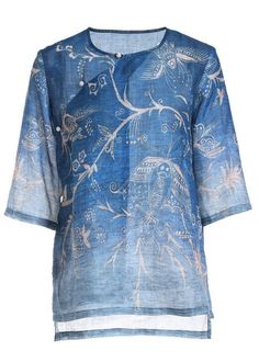 Italian Blue Print Oriental Summer Ramie Shirt Half Sleeve - SooLinen Printed Relaxed Fit Blouse With Crew Neck, Printed Blouse With Relaxed Fit And Crew Neck, Light Blue Printed Long Sleeve Tops, Light Blue Long Sleeve Printed Tops, Light Blue Crew Neck Blouse, Indigo Relaxed Fit Top For Summer, Casual Printed Tunic Top, Indigo Printed Summer Tops, Fitted Blue Blouse With Crew Neck