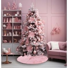 a pink christmas tree in a living room with white and pink decorations on the walls