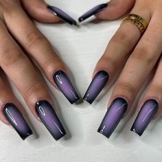 Goth Acrylic Nails Purple, Purple And Black Acrylic Nails Coffin, Nails Purple And Black Design, Spooky Halloween Nails Purple, Nail Ideas 2023 Black, Different Purple Nails, Black And Purple Ombre Acrylic Nails, Spooky Aura Nails, Black Purple Nails Ideas