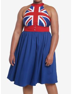 a woman in a blue dress with the british flag on it