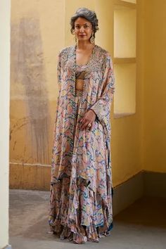 Shop for Mrunalini Rao Blue Georgette Floral Print Cape And Ruffle Skirt Set for Women Online at Aza Fashions Asymmetric Cape, Mrunalini Rao, Pakistani Party Wear Dresses, Embroidered Cape, Cutwork Blouse, Floral Bustier, Printed Sleeveless Blouse, Designer Party Wear Dresses, Designer Dresses Casual