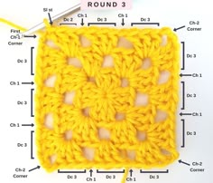 the crochet square is shown with measurements for each stitch and how to use it