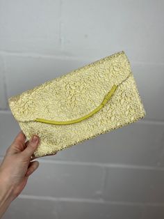 Clutch by Banana Republic Buttery yellow lace with leather trim bow Stain on back, as photographed  Large enough to fit iPhone Vintage Fur Shawl, Lace Clutch, Karen Smith, Dirndl Dress, Fur Shawl, Vintage Fur, Yellow Lace, Clutch Handbag, Leather Trim