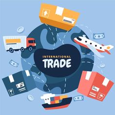 the international trade logo surrounded by boxes and other items on a blue background with an airplane flying over it