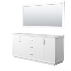 a white bathroom vanity with two sinks and a large mirror over the sink, against a white background