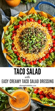 taco salad with easy creamy taco salad dressing in a bowl and on the side