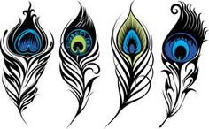 three peacock feathers with different colors and designs