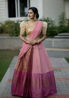 South Indian Pattu Langa, Langa Blouse Designs For Women, Saree Lehenga Designs, Saree Belts, Golden Blouse Designs, Lehenga Outfits, Lehenga Ideas, Indian Blouse Designs, Ethnic Wears