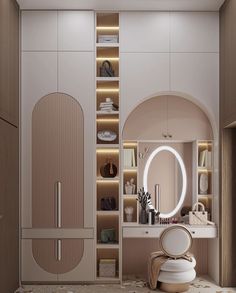 a dressing room with an oval mirror and shelves