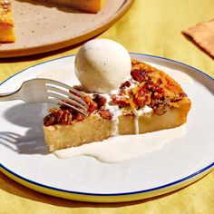 a slice of pecan pie with ice cream on top