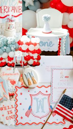 an american themed party with balloons, cake and decorations