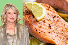 a woman standing next to a piece of salmon and lemon slices on top of it