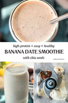 This healthy Banana Date Smoothie is such an easy smoothie and tastes like drinking a milkshake! It's made with nutritious ingredients like bananas, dates, & chia seeds to help you meet your daily nutrition needs. Protein powder turns this into a high-protein shake to keep you full! To make this easy banana date smoothie, click for the recipe. Follow for nutritional recipes from a dietitian including healthy smoothie recipes, easy breakfasts & snack ideas! Gluten-free, high protein smoothie. Banana Date Smoothie, Date Smoothie Recipes, Nutritional Recipes, Dietitian Recipes, Easy Breakfasts, High Protein Smoothies, Daily Nutrition, Healthy Smoothie Recipes