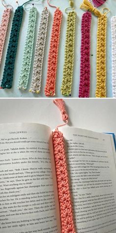 an open book with crochet on it and the pages are lined up in rows