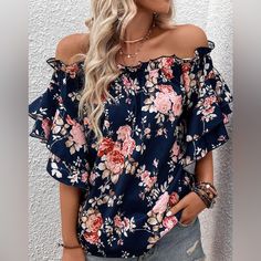 Navy Floral Off The Shoulder Top 100% Polyester Blue Non-stretch Top For Beach, Floral Print Non-stretch Top For Vacation, Non-stretch Floral Print Tops For Vacation, Blue Off-shoulder Top With Floral Print, Blue Off-shoulder Floral Print Tops, Blue Blouse For Beach, Blue Feminine Beach Top, Feminine Blue Beach Top, Feminine Blue Tops For Vacation