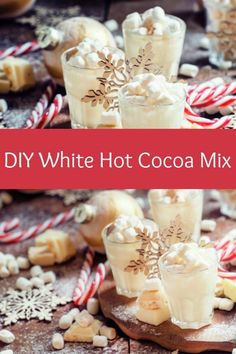 homemade white hot cocoa mix in glasses with candy canes and candies on the side