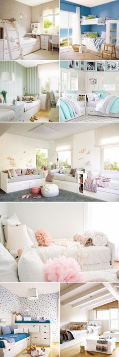 four different shots of a living room and bedroom